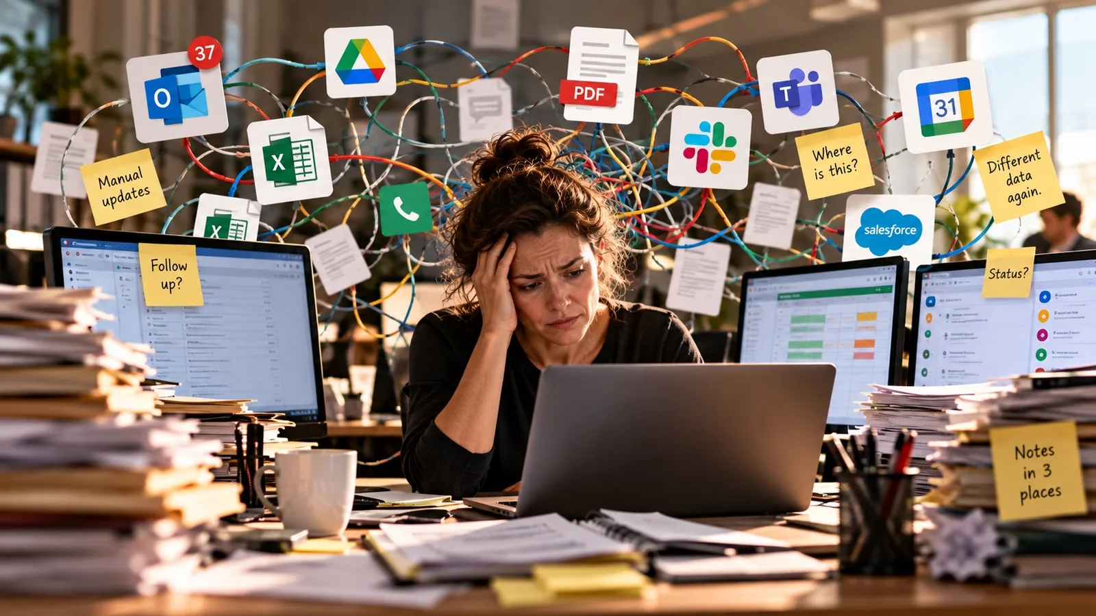 Female office worker looking frustrated over information on a laptop.  She is surrounded by numerous screens  and notes and the reminders of numerous disconnected systems.