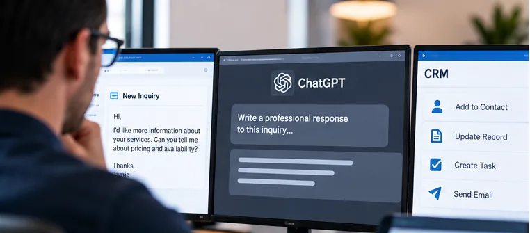 Worker looking at multiple computer monitors containing an email, ChatGPT window, and CRM.