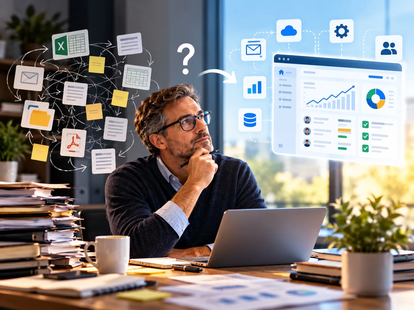 Business professional considering whether to build an app, with disconnected spreadsheets, emails, files, and manual processes on one side and a connected digital system with shared data, workflows, and reporting on the other.